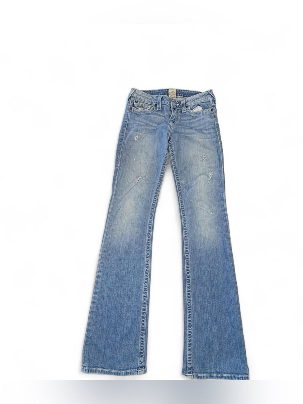True Religion Women's Becky Bootcut Jeans Size 28 Blue Rainbow Distressed Denim